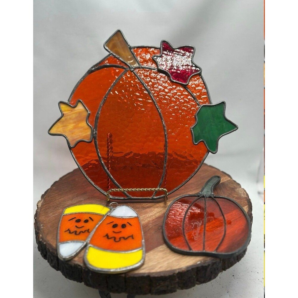 Anthropomorphic Stained Glass Pumpkins Candy Corn Suncatchers Fall Halloween